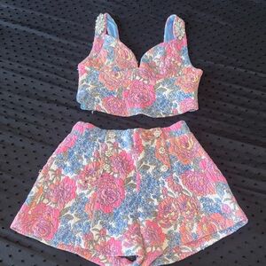 Zara Floral High Waist Shorts Set - Pink, Blue, Cream